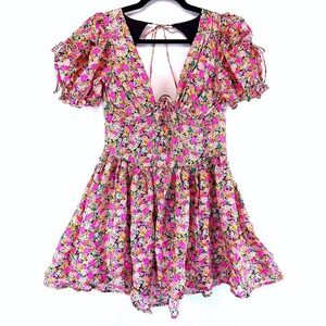 For Love & Lemons Floral Corset Mini Dress M Puff Sleeve Tie Back Bloomcore